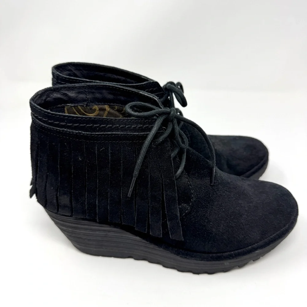 Fly London Yank Black Suede Fringe Wedge Ankle Boots Lace-Up Boho Booties